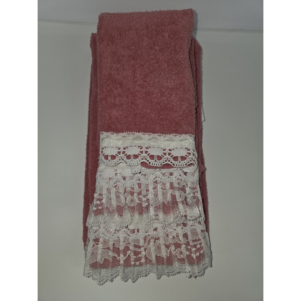 VTG Cannon Hand Towel 3 Pc Set Mauve Ivory Cottage Chic Lace Trim Made In USA